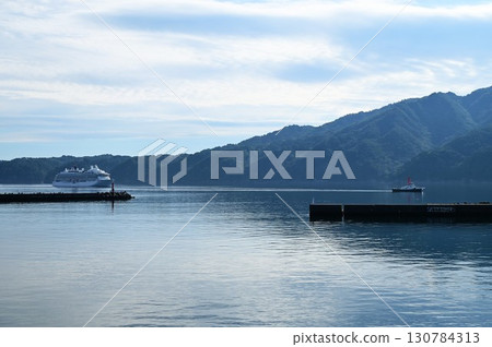 Morning at Miyako Port: Luxury cruise ship Asuka III arrives 130784313