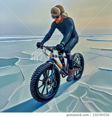 Man on a fat bike riding on ice. A man rides a fat bike across a frozen, cracked ice surface. 130784350