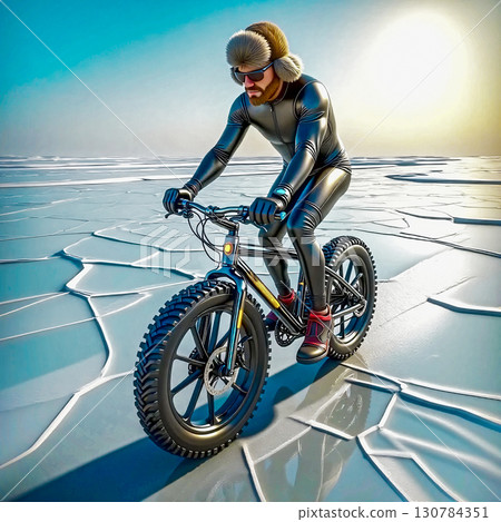 Man on a fat bike riding on ice. A man rides a fat bike across a frozen, cracked ice surface. 130784351