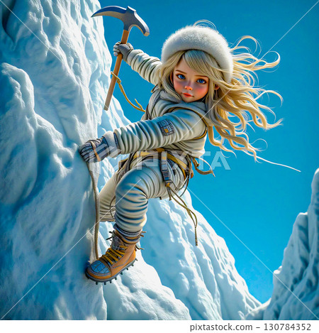 Adventurous young woman ascending a snowy mountain with an ice axe.A young woman is shown climbing a snowy mountain using an ice axe. 130784352