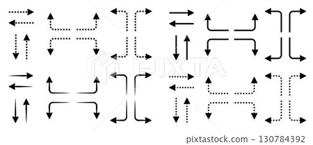 Black dotted and line arrow set, various vector monochrome outline navigation signs. Linear symbols of up, down, right and left direction. Forward, backward, straight, sideways paths Black dotted and line arrow set, various vector monochrome outline navigation signs. Linear symbols of up, down, right and left direction. Forward, backward, straight, sideways paths 130784392