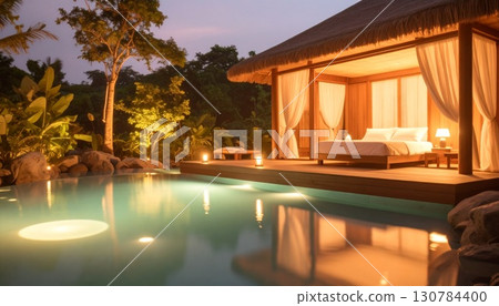 度假村泳池和床，晚上的私人度假村 130784400