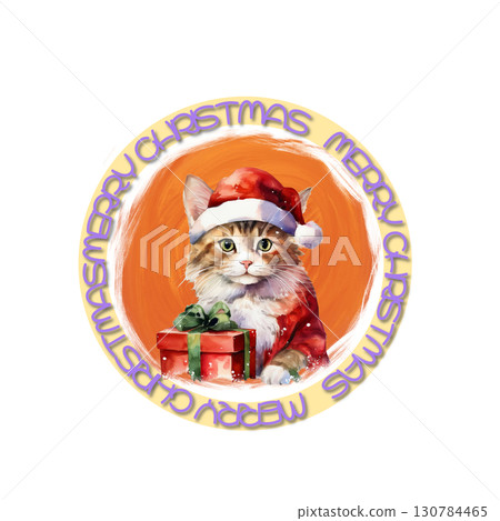 一隻打扮成聖誕老人、印有聖誕快樂標誌的貓送的禮物 130784465