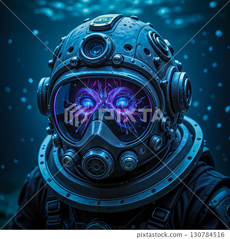 Deep sea explorer with cybernetic eyes. A diver wearing an advanced, futuristic helmet with numerous mechanical components and lights is submerged underwater. 130784516