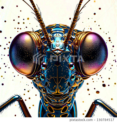 Close-up of an insect's intricate metallic head. Close-up of an insect's head, showing large, iridescent compound eyes and intricate metallic patterns on its exoskeleton. 130784517