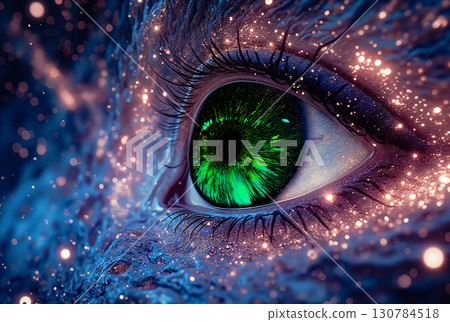 Mystical emerald eye a glimpse into the cosmic soul. A striking close-up of a vibrant, emerald green eye surrounded by delicate eyelashes. 130784518