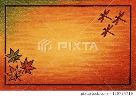 畫框材質：秋葉、紅蜻蜓、木版畫風格 130784719