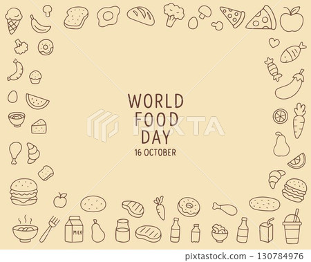World Food Day themed vector illustration featuring various food icons surrounding styled text.  130784976