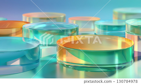 用綠松石色和橙色對美麗的透明玻璃桌進行 3D 渲染 130784978