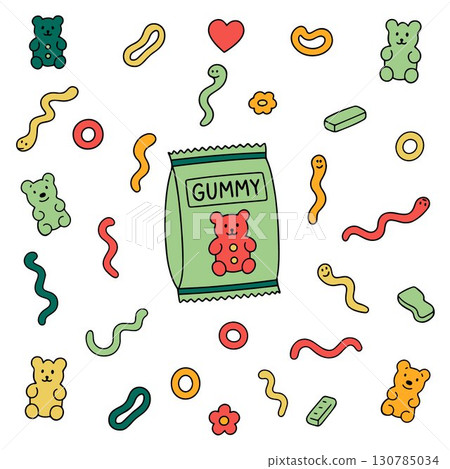 Candy chewy jelly vitamins vector illustration set. Colorful glossy sweet juicy gummy bear and dragon, marmalade soft sugar fruit and berry to chew, pharmacy drugstore kid collection isolated on white Candy chewy jelly vitamins vector illustration set. Colorful glossy sweet juicy gummy bear and dragon, marmalade soft sugar fruit and berry to chew, pharmacy drugstore kid collection isolated on white 130785034