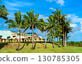Lush palm trees on a grassy hill in front of the Palau National Capitol building in Ngerulmud on a sunny day. Oceania, Micronesia 130785305