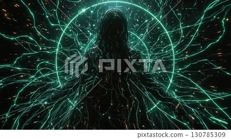 A figure in the darkness, lit by green light 130785309