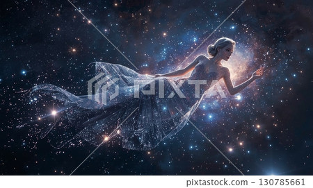 A beautiful woman floating in a dress against the backdrop of outer space 130785661