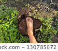 Grounding concept with foot touching wood and earth 130785672