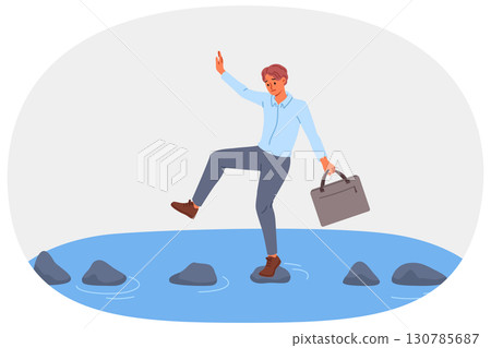 Business man takes risks by crossing river on slippery stones for achieve goals. 130785687