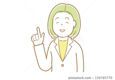 Illustration of a woman in a white coat with green hair pointing 130785770