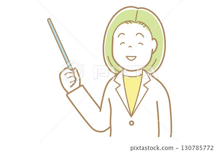 Illustration of a woman in a white coat with green hair giving instructions using a stick 130785772