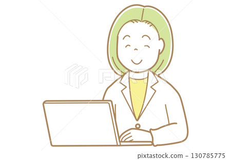 一位身穿白大褂、綠髮的女士正在看著電腦螢幕的插圖 一位身穿白大褂、綠髮的女士正在看著電腦螢幕的插圖 130785775
