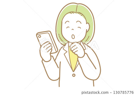 一位身穿白大褂、綠色頭髮的女士正在看智慧型手機螢幕的插圖 130785776