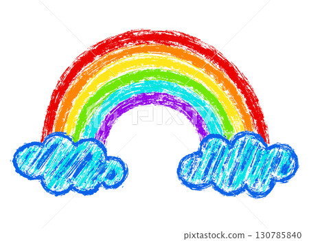 Chalk drawing of a rainbow with fluffy blue clouds. Bright and colorful crayon scribble style illustration with a playful and cheerful mood. Chalk drawing of a rainbow with fluffy blue clouds. Bright and colorful crayon scribble style illustration with a playful and cheerful mood. 130785840