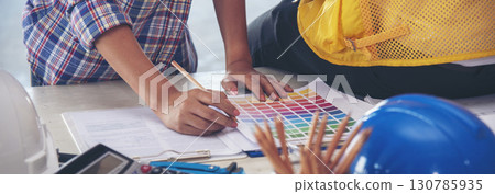 Banner civil construction engineer teams meeting on construction site. Partner team engineering foreman teamwork consult together. Panorama group engineer office meeting partnership with copy space Banner civil construction engineer teams meeting on construction site. Partner team engineering foreman teamwork consult together. Panorama group engineer office meeting partnership with copy space 130785935