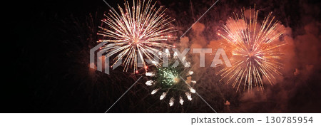 Banner Red Firework celebrate anniversary happy new year 2024 4th of july holiday festival. Banner red firework night time celebrate national holiday. Countdown new year 2025 festival with copy space 130785954