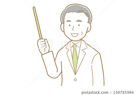 Illustration of a gray-haired man in a white coat pointing with a pointer 130785994