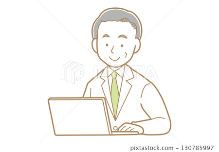 Illustration of a man with gray hair and a white coat using a computer 130785997