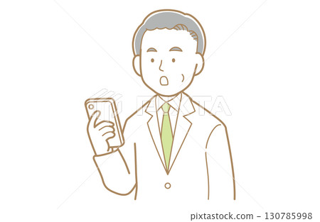 Illustration of a gray-haired man in a white coat looking at a smartphone 130785998