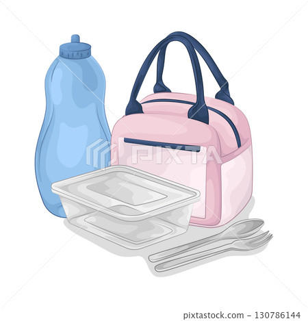 Illustration of Food container and water bottle 130786144