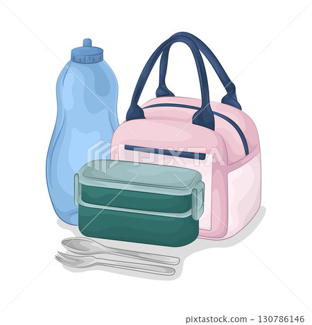 Illustration of Food container and water bottle 130786146