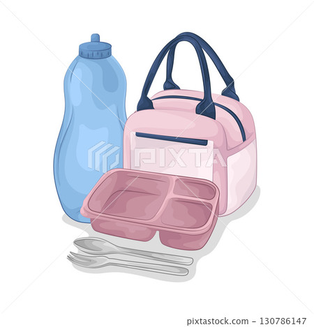 Illustration of Food container and water bottle 130786147