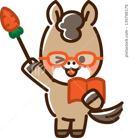 眨眼的馬拿著指針和一本書 130786178