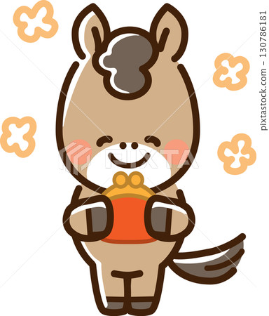 一匹馬拿著扣環錢包開心地微笑 一匹馬拿著扣環錢包開心地微笑 130786181