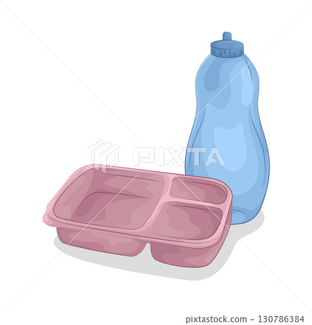 Illustration of Food container and water bottle 130786384