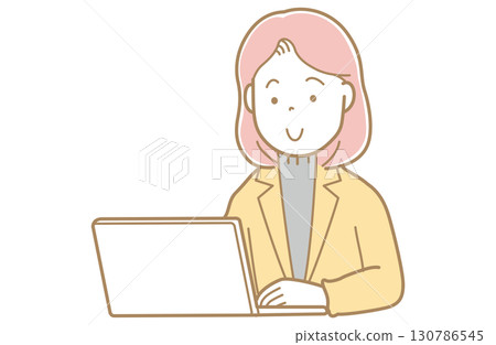 Illustration of a woman in a suit with pink hair looking at a computer screen 130786545