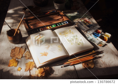 【秋色裡的創作時光】以落葉為主題的素描與畫具，營造溫馨的藝術氛圍 130786672