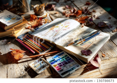 【秋色裡的創作時光】以落葉為主題的素描與畫具，營造溫馨的藝術氛圍 130786673