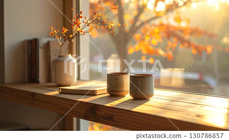 Ceramic cup and book display with autumn leaves 130786857
