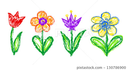 Chalk drawing of four colorful flowers with simple shapes and playful style. Hand drawn crayon scribble illustration with bright and cheerful mood. Chalk drawing of four colorful flowers with simple shapes and playful style. Hand drawn crayon scribble illustration with bright and cheerful mood. 130786900