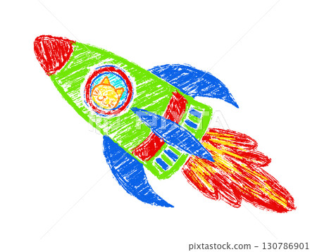Chalk drawing of a rocket with a round window showing a small cat inside. Hand drawn crayon scribble style illustration with playful and adventurous mood. 130786901