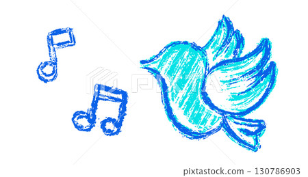 Chalk drawing of a blue bird with musical notes. Hand drawn crayon scribble style illustration with joyful and singing atmosphere. 130786903
