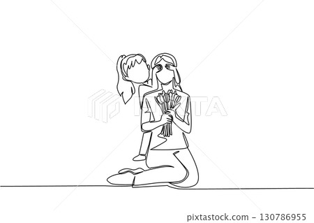 Single continuous line drawing a girl covers eyes of mother with both hands from behind. Give beautiful flowers to the most beautiful mother. Love. Day of Mother. One line design vector illustration Single continuous line drawing a girl covers eyes of mother with both hands from behind. Give beautiful flowers to the most beautiful mother. Love. Day of Mother. One line design vector illustration 130786955