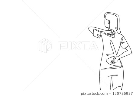 Continuous one line drawing a woman holding her neck and back. Feeling uncomfortable in body parts. Long time no exercise. Fibromyalgia Awareness Day. Single line draw design vector illustration 130786957
