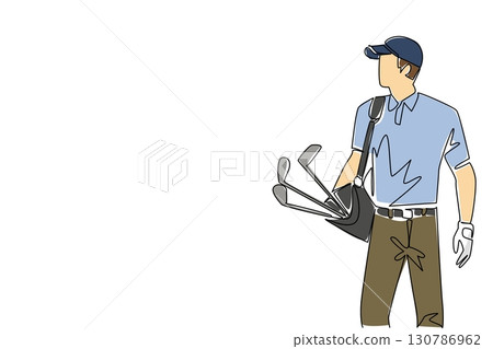 Single one line drawing man wearing a hat and gloves carrying a various golf clubs with golf bag. The newbie who just started practicing. National Golf Day. Continuous line design graphic illustration 130786962