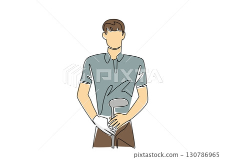 Single continuous line drawing a man wearing gloves holding a golf club. Determined to make a hole in one. Candidate for champion. Competition. National Golf Day. One line design vector illustration Single continuous line drawing a man wearing gloves holding a golf club. Determined to make a hole in one. Candidate for champion. Competition. National Golf Day. One line design vector illustration 130786965