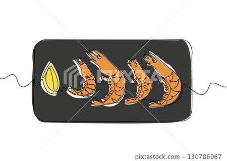 Single one line drawing shrimp lined up 4 on a black square plate. Food presentation pays attention to aesthetics. Deliciousness. National Shrimp Day. Continuous line design graphic illustration Single one line drawing shrimp lined up 4 on a black square plate. Food presentation pays attention to aesthetics. Deliciousness. National Shrimp Day. Continuous line design graphic illustration 130786967