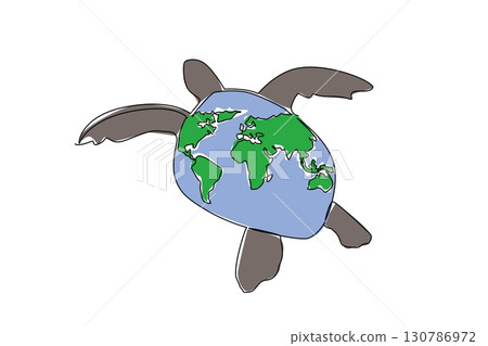 Continuous one line drawing swimming turtle and globe symbol on shell. The ocean is their home and habitat. Love the environment. Reptile. Mother Ocean Day. Single line draw design vector illustration Continuous one line drawing swimming turtle and globe symbol on shell. The ocean is their home and habitat. Love the environment. Reptile. Mother Ocean Day. Single line draw design vector illustration 130786972