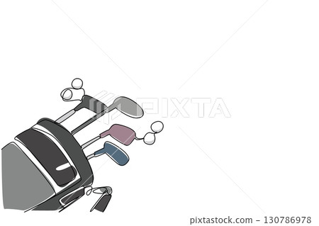 Single one line drawing some golf clubs in the bag and some golf balls around it. Practice with some of the favorite golf clubs. Hobby. National Golf Day. Continuous line design graphic illustration Single one line drawing some golf clubs in the bag and some golf balls around it. Practice with some of the favorite golf clubs. Hobby. National Golf Day. Continuous line design graphic illustration 130786978