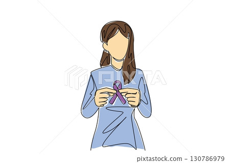 Single one line drawing a young woman holds a ribbon with both hands. Symbol of health. Inviting donations. More health concerns. Charity. World Lupus Day. Continuous line design graphic illustration Single one line drawing a young woman holds a ribbon with both hands. Symbol of health. Inviting donations. More health concerns. Charity. World Lupus Day. Continuous line design graphic illustration 130786979